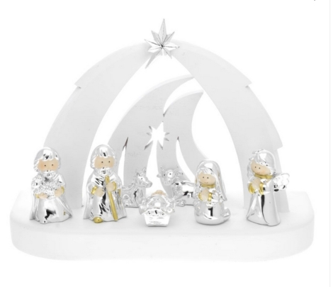 BAGUTTA CAPANNA BIANCA CON ARCO STILIZZATO E LED + PRESEPE 7 PEZZI ARGENTO