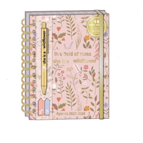 AGENDA DAILY 2025/26  CON PENNA E STICKY NOTES FLOWER